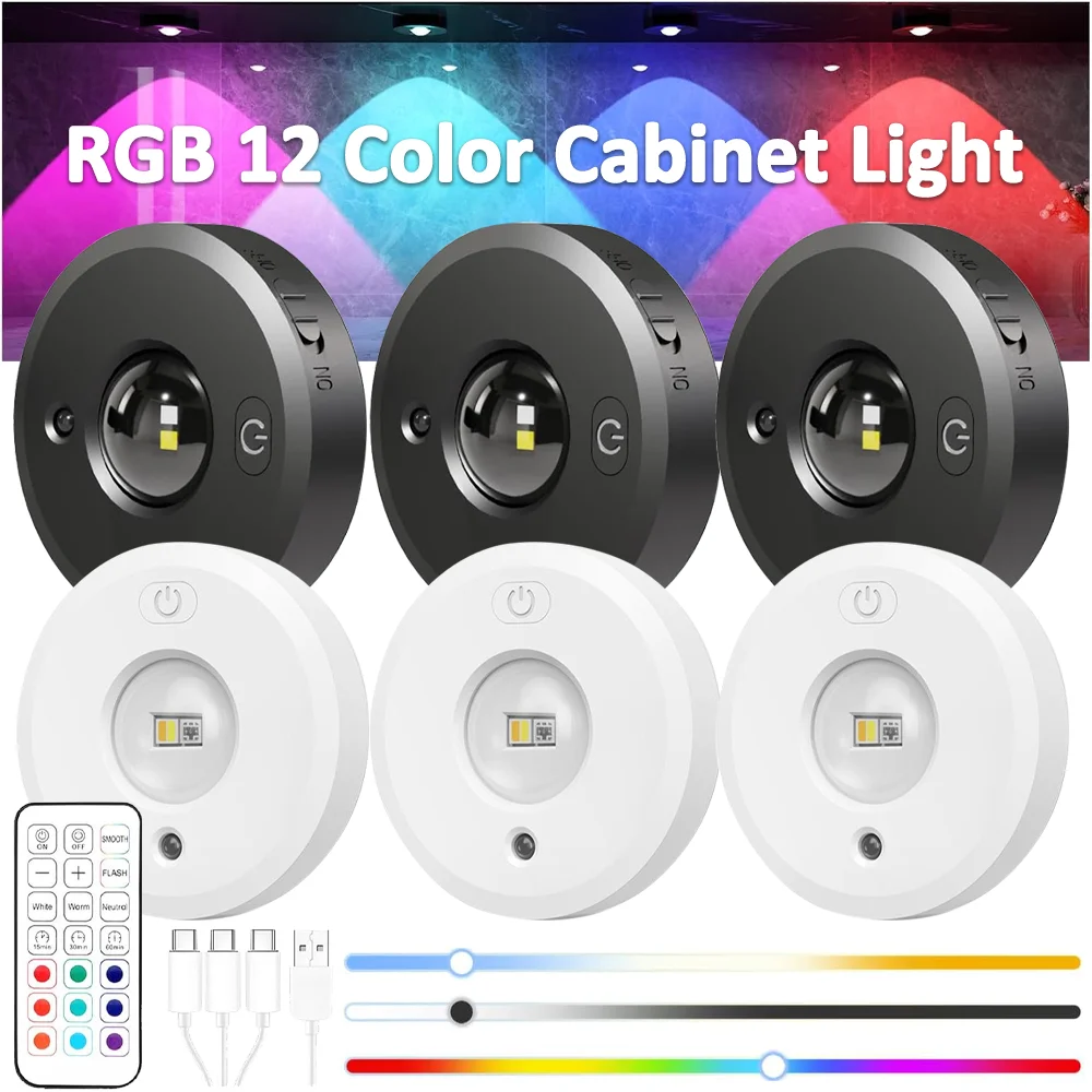 RGB 12 Color Night Light Wireless Remote Control Type-c Rechargeable Light Powered Cabinet Light for Kitchen Wardrobe Bedroom