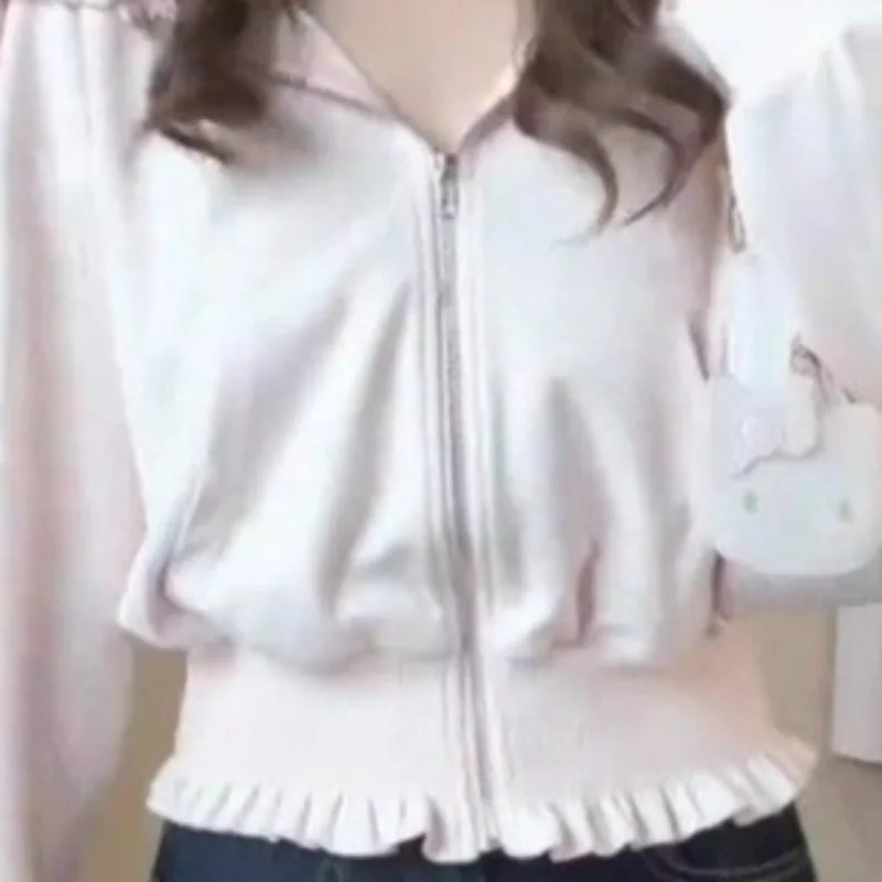 Matakawa Sweet Pink Hoodies Woman Tops Ruffles Spring Autumn Sweatshirts Korean Fashion Hooded Y2k Sudaderas Mujer