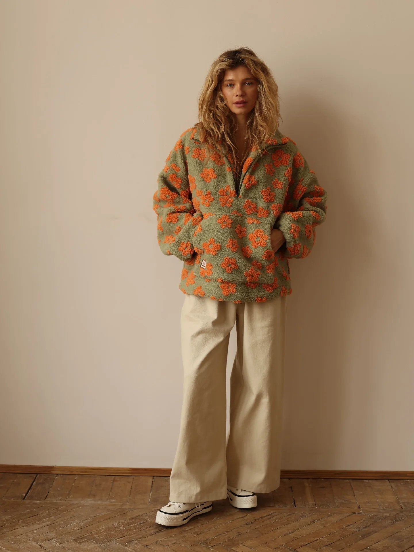 Zekye Women's Sweatshirt Flower Fleece Half Zipper Lapel Sweater Thickened with Lining Winter Clothes Woman Y2k Clothes