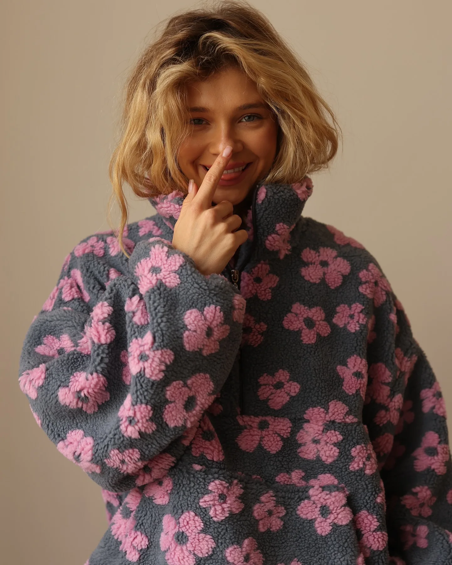 Zekye Women's Sweatshirt Flower Fleece Half Zipper Lapel Sweater Thickened with Lining Winter Clothes Woman Y2k Clothes