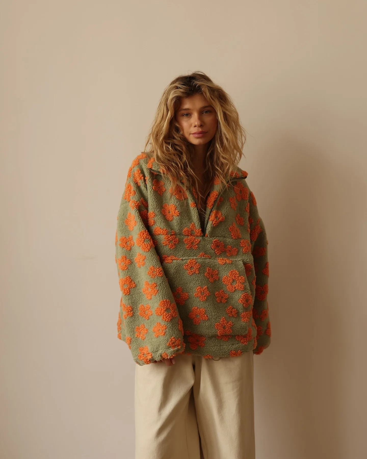 Zekye Women's Sweatshirt Flower Fleece Half Zipper Lapel Sweater Thickened with Lining Winter Clothes Woman Y2k Clothes