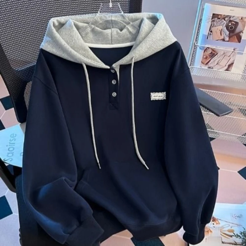 2000s American Vintage Loose Dark Gothic Hooded Sweatshirts Y2k Subculture Pure Color Casual Hoodies Autumn Vintage Harajuku Top