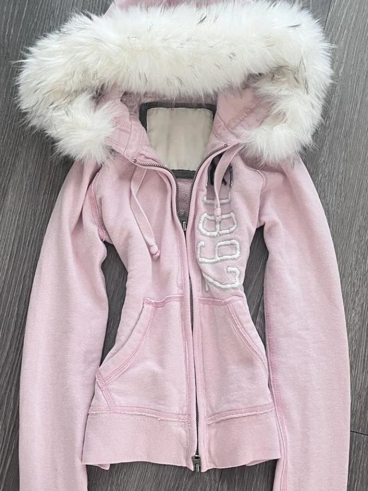 American Streetwear Hoodies Coats Hooded Fur Collar Pockets Patchwork Aesthetics Sweatshirts Y2k Punk Gothic Women's Clothing