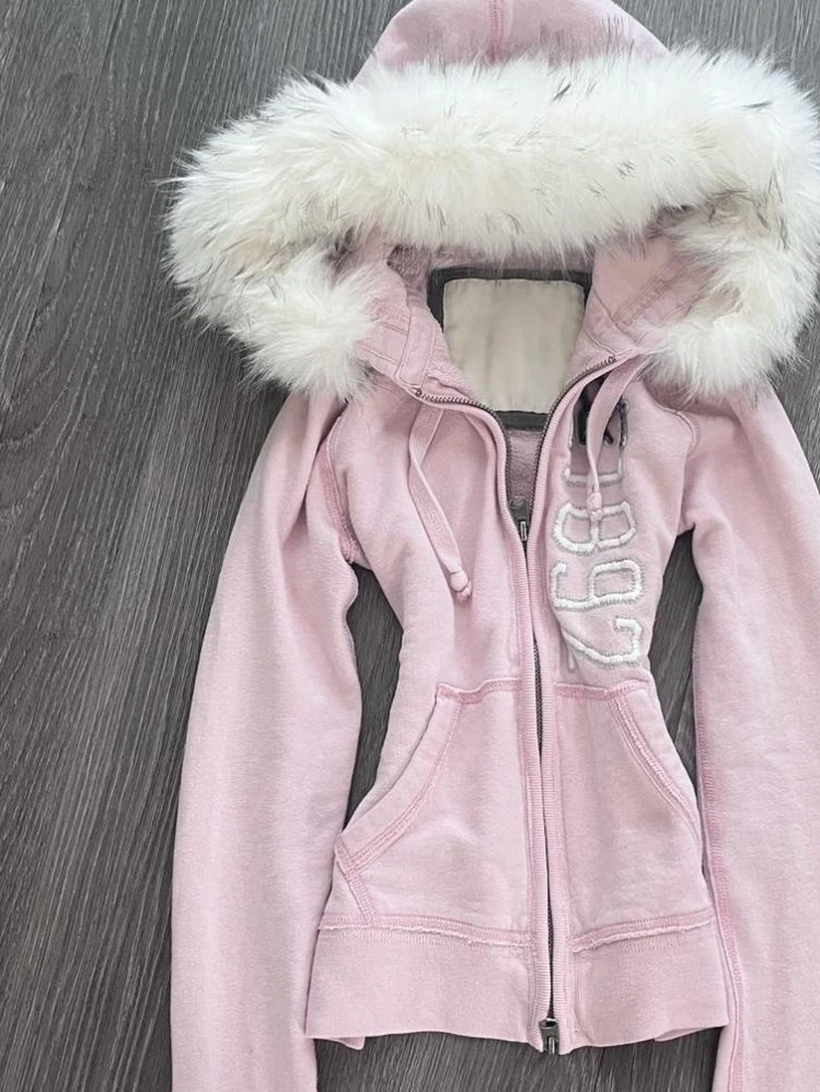 American Streetwear Hoodies Coats Hooded Fur Collar Pockets Patchwork Aesthetics Sweatshirts Y2k Punk Gothic Women's Clothing