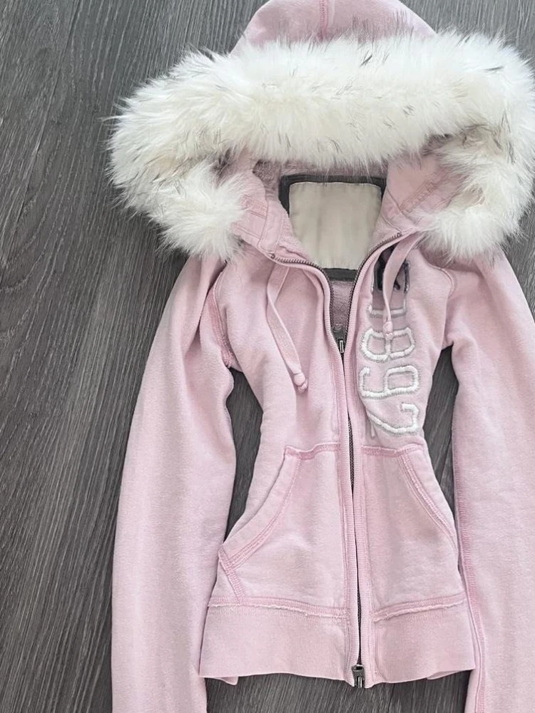 American Streetwear Hoodies Coats Hooded Fur Collar Pockets Patchwork Aesthetics Sweatshirts Y2k Punk Gothic Women's Clothing