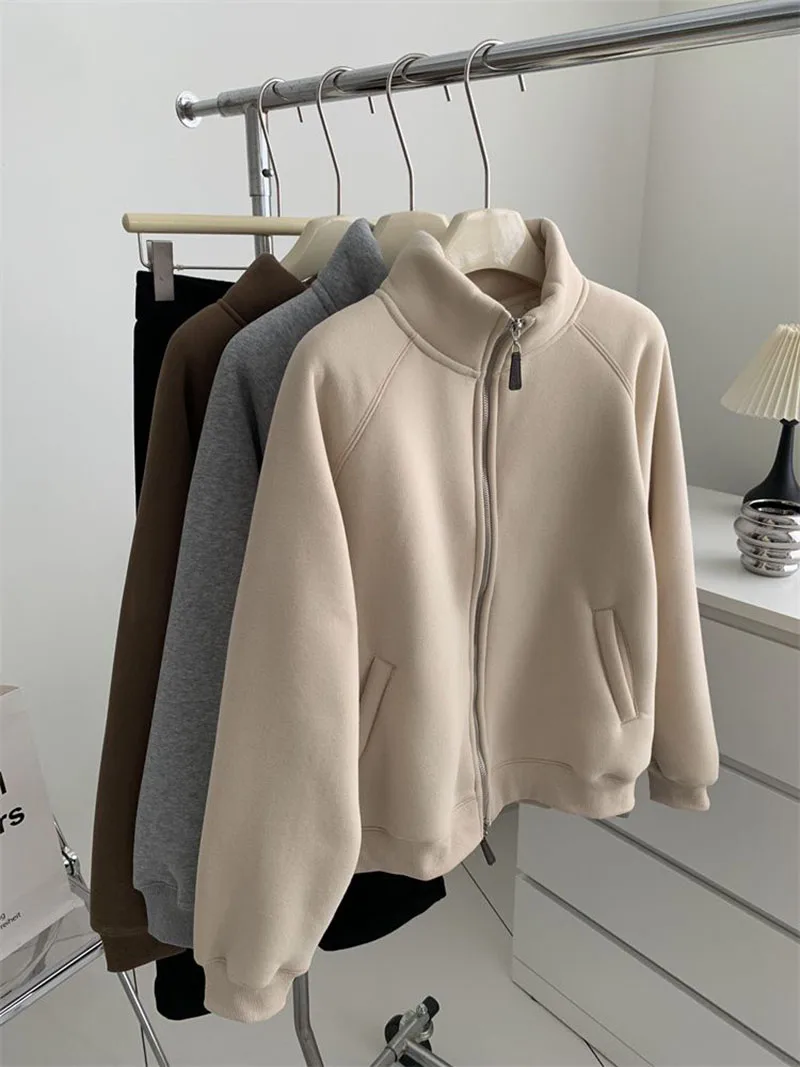 Double Zipper Sweatshirts Women Vintage Stand Collar Thick Faux Lamb Wool Coats Retro Loose Casual Office Lady All Match Outwear