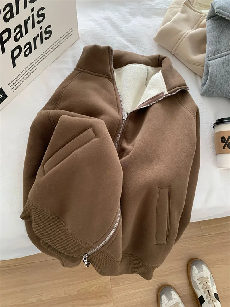 Double Zipper Sweatshirts Women Vintage Stand Collar Thick Faux Lamb Wool Coats Retro Loose Casual Office Lady All Match Outwear