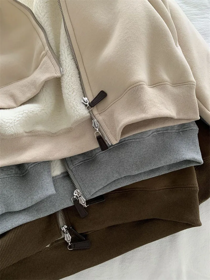 Double Zipper Sweatshirts Women Vintage Stand Collar Thick Faux Lamb Wool Coats Retro Loose Casual Office Lady All Match Outwear