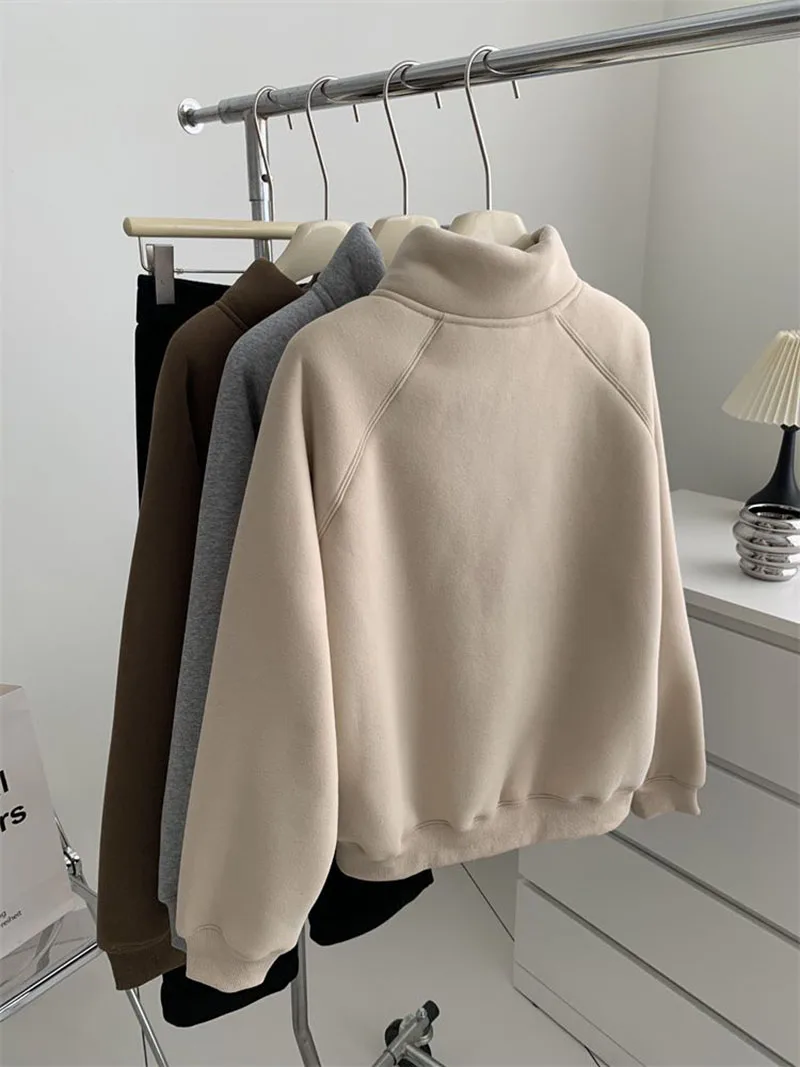 Double Zipper Sweatshirts Women Vintage Stand Collar Thick Faux Lamb Wool Coats Retro Loose Casual Office Lady All Match Outwear