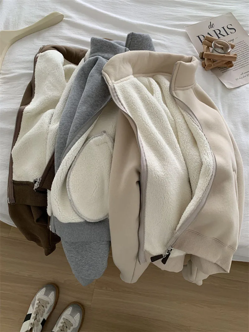 Double Zipper Sweatshirts Women Vintage Stand Collar Thick Faux Lamb Wool Coats Retro Loose Casual Office Lady All Match Outwear