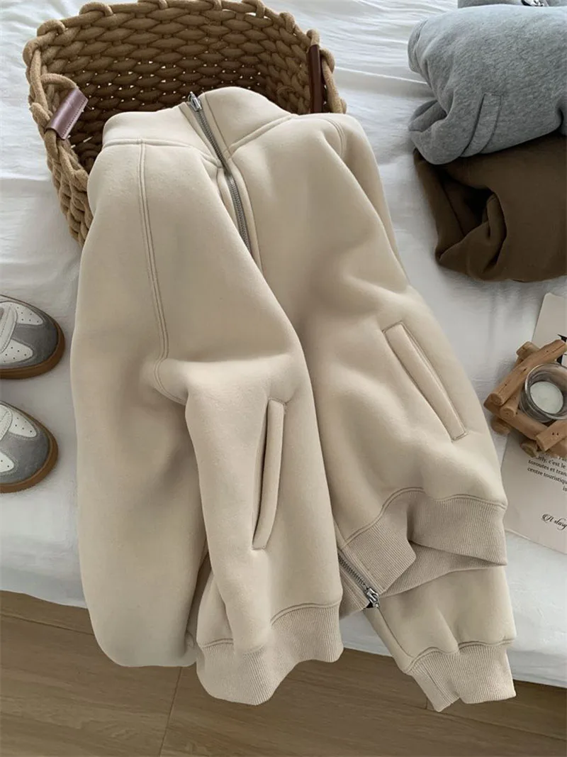 Double Zipper Sweatshirts Women Vintage Stand Collar Thick Faux Lamb Wool Coats Retro Loose Casual Office Lady All Match Outwear