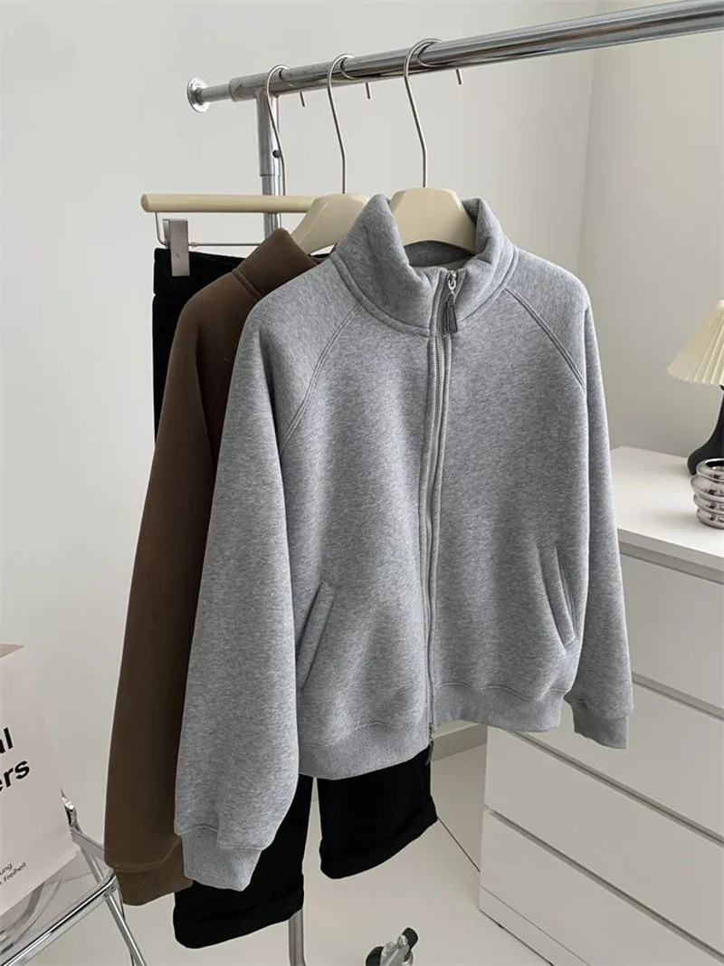 Double Zipper Sweatshirts Women Vintage Stand Collar Thick Faux Lamb Wool Coats Retro Loose Casual Office Lady All Match Outwear