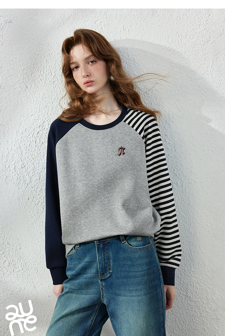 TOYOUTH Women Hoodie 2026 Autumn New Arrival Color Contrast Patchwork Stripe Sleeve Letter Embroidery Loose American Sporty Top