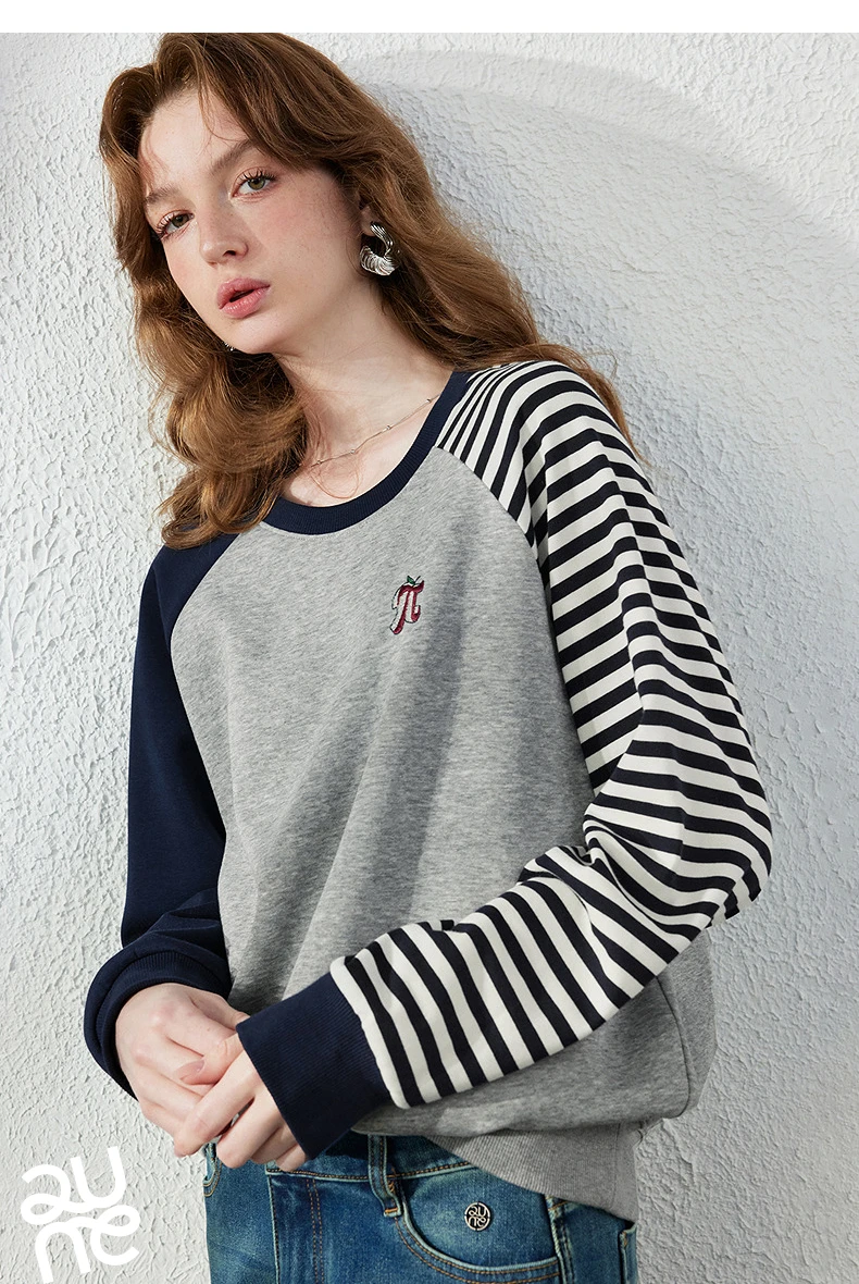 TOYOUTH Women Hoodie 2026 Autumn New Arrival Color Contrast Patchwork Stripe Sleeve Letter Embroidery Loose American Sporty Top