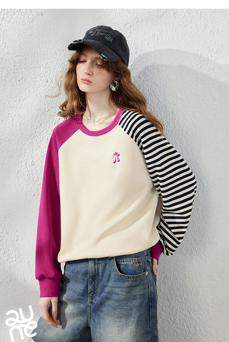 TOYOUTH Women Hoodie 2026 Autumn New Arrival Color Contrast Patchwork Stripe Sleeve Letter Embroidery Loose American Sporty Top