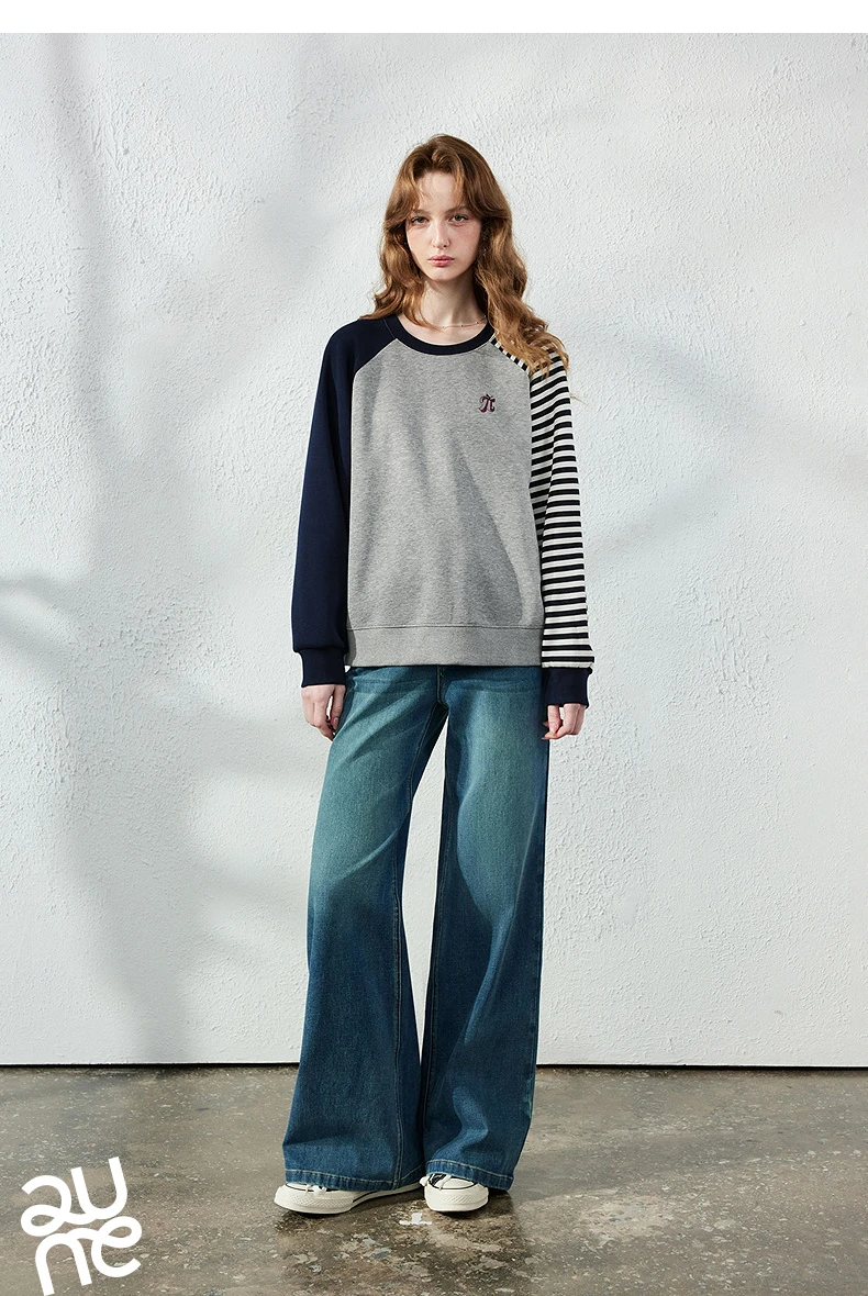 TOYOUTH Women Hoodie 2026 Autumn New Arrival Color Contrast Patchwork Stripe Sleeve Letter Embroidery Loose American Sporty Top