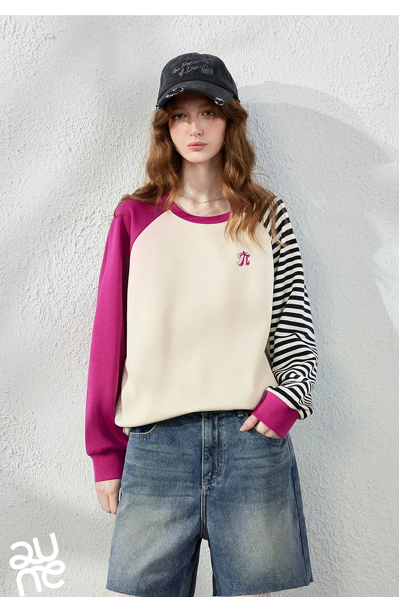 TOYOUTH Women Hoodie 2026 Autumn New Arrival Color Contrast Patchwork Stripe Sleeve Letter Embroidery Loose American Sporty Top