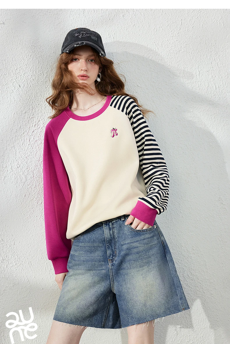 TOYOUTH Women Hoodie 2026 Autumn New Arrival Color Contrast Patchwork Stripe Sleeve Letter Embroidery Loose American Sporty Top