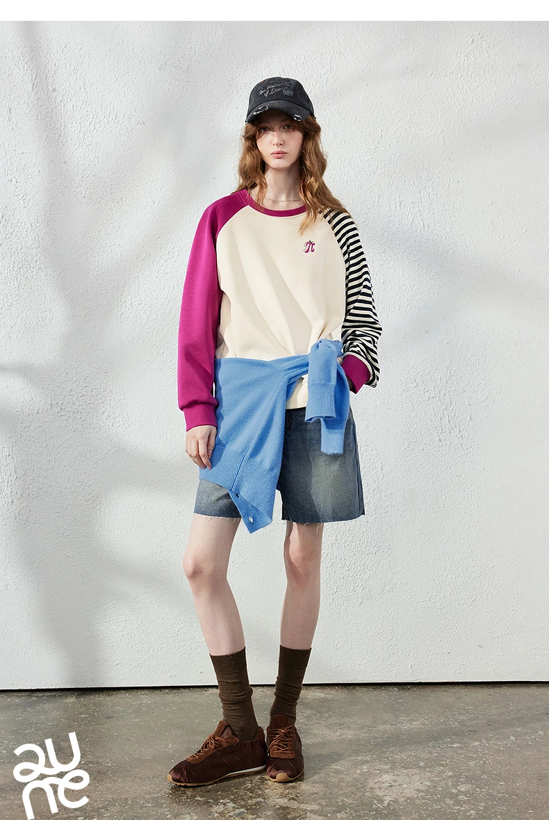 TOYOUTH Women Hoodie 2026 Autumn New Arrival Color Contrast Patchwork Stripe Sleeve Letter Embroidery Loose American Sporty Top