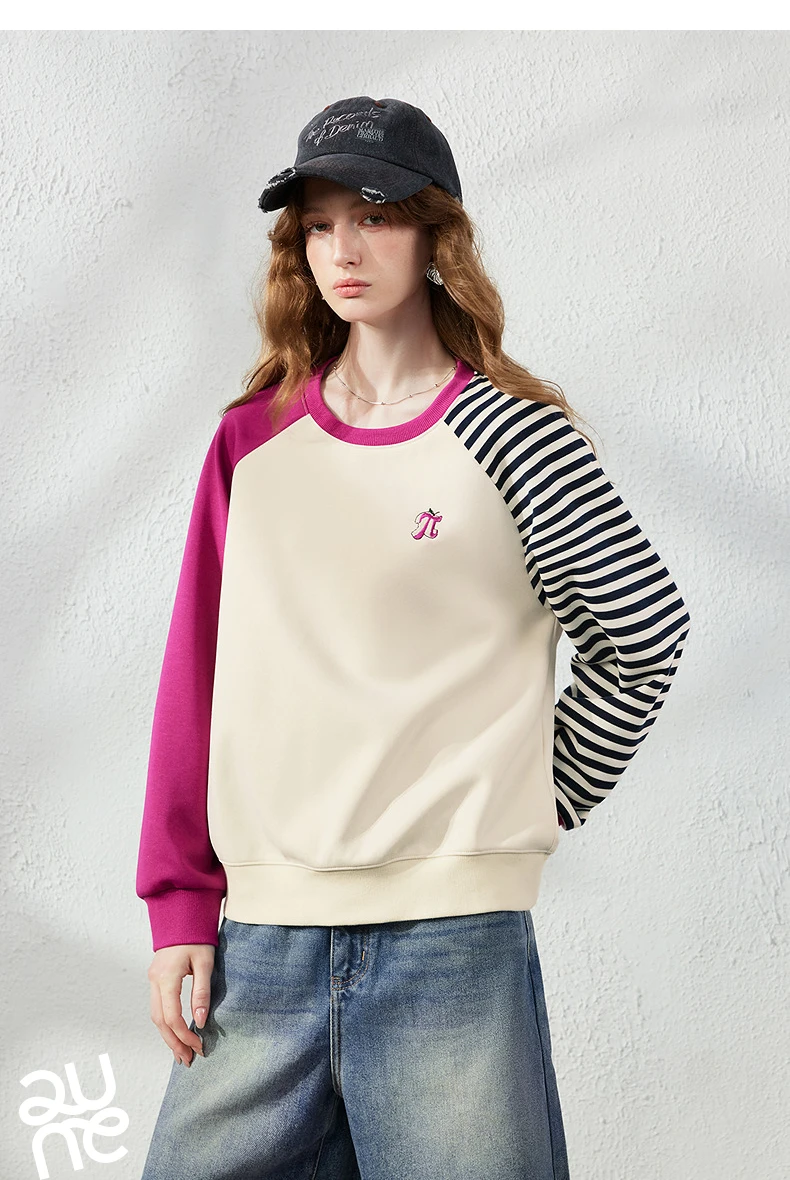 TOYOUTH Women Hoodie 2026 Autumn New Arrival Color Contrast Patchwork Stripe Sleeve Letter Embroidery Loose American Sporty Top