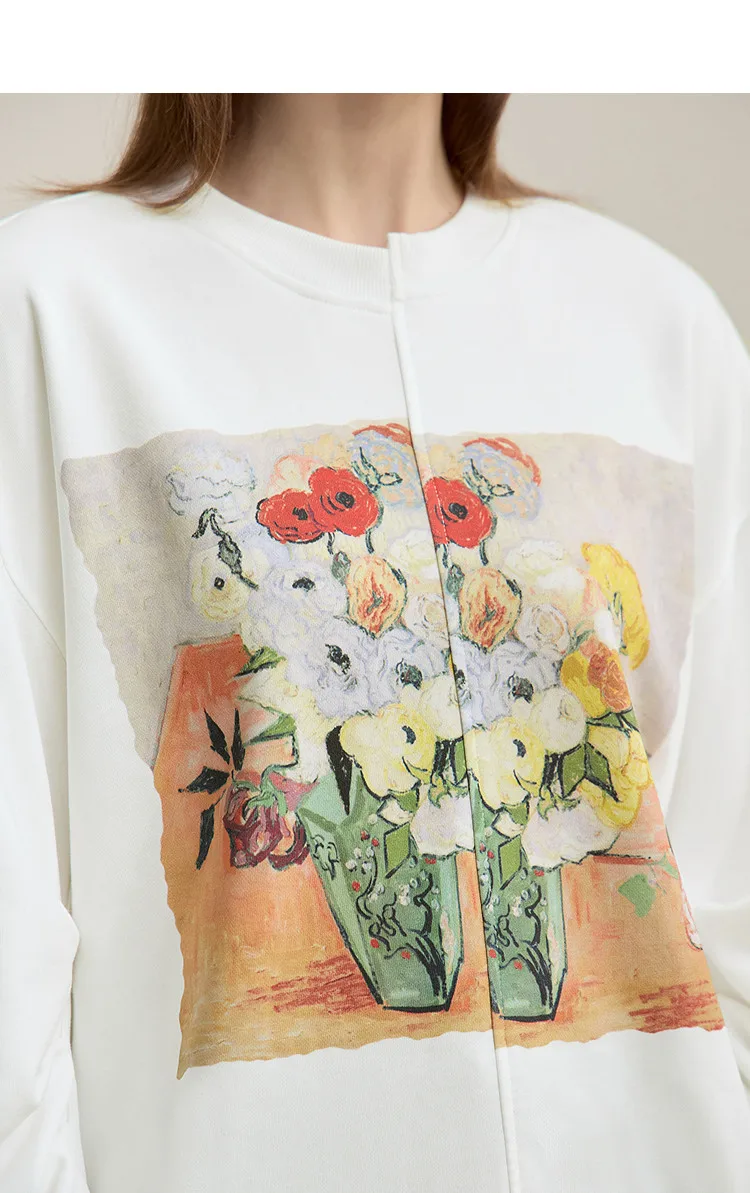 Amii Woman Sweatshirts 2026 Autumn New Splicing Printing Drop Shoulder Sweater Women's Loose O-Neck Cotton Knitted Top 12621087