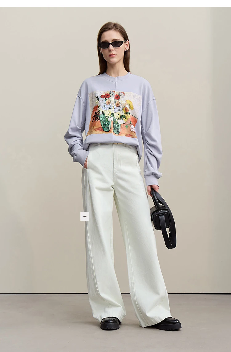 Amii Woman Sweatshirts 2026 Autumn New Splicing Printing Drop Shoulder Sweater Women's Loose O-Neck Cotton Knitted Top 12621087