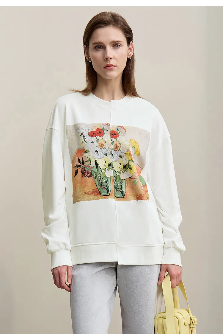 Amii Woman Sweatshirts 2026 Autumn New Splicing Printing Drop Shoulder Sweater Women's Loose O-Neck Cotton Knitted Top 12621087