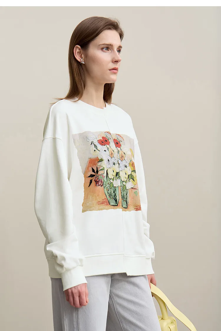 Amii Woman Sweatshirts 2026 Autumn New Splicing Printing Drop Shoulder Sweater Women's Loose O-Neck Cotton Knitted Top 12621087