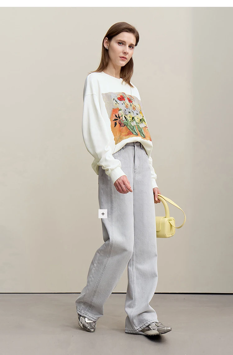 Amii Woman Sweatshirts 2026 Autumn New Splicing Printing Drop Shoulder Sweater Women's Loose O-Neck Cotton Knitted Top 12621087