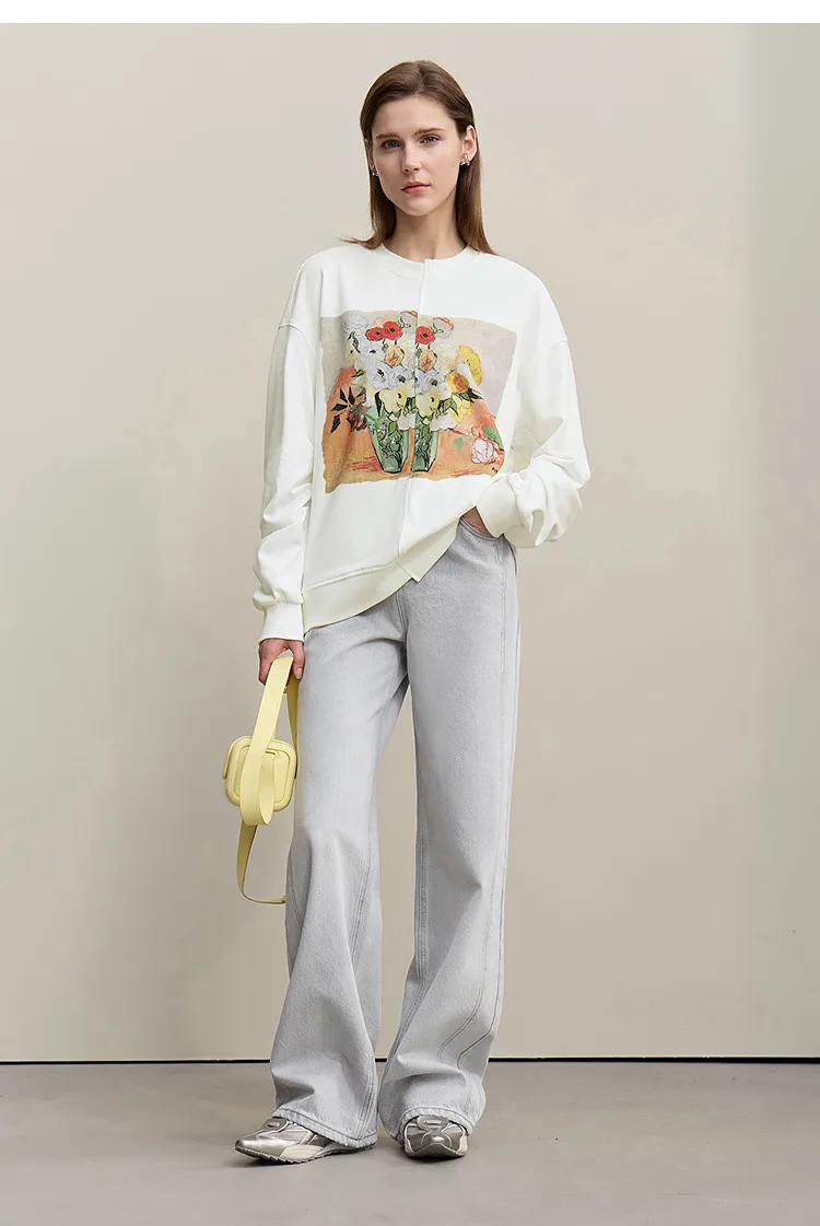 Amii Woman Sweatshirts 2026 Autumn New Splicing Printing Drop Shoulder Sweater Women's Loose O-Neck Cotton Knitted Top 12621087
