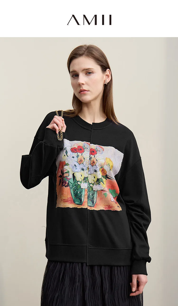 Amii Woman Sweatshirts 2026 Autumn New Splicing Printing Drop Shoulder Sweater Women's Loose O-Neck Cotton Knitted Top 12621087