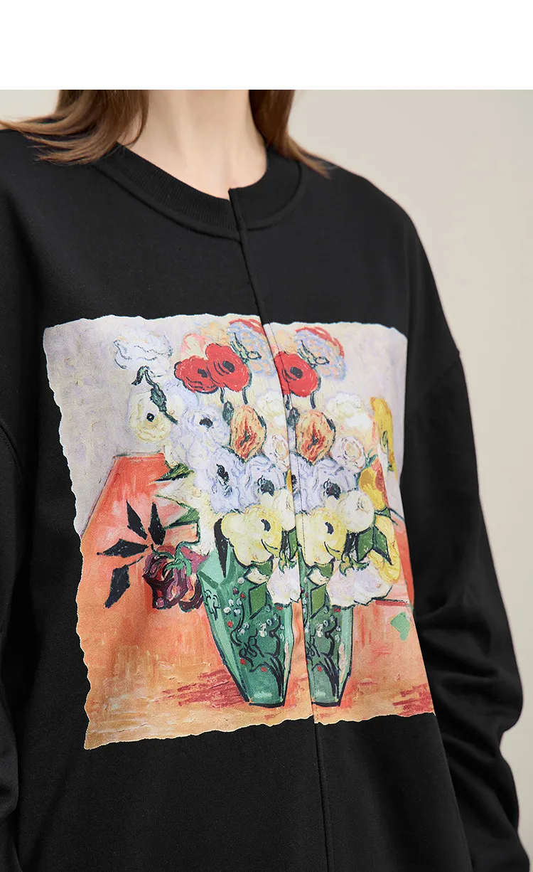 Amii Woman Sweatshirts 2026 Autumn New Splicing Printing Drop Shoulder Sweater Women's Loose O-Neck Cotton Knitted Top 12621087