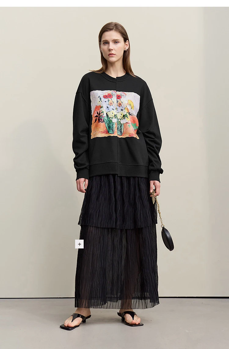 Amii Woman Sweatshirts 2026 Autumn New Splicing Printing Drop Shoulder Sweater Women's Loose O-Neck Cotton Knitted Top 12621087