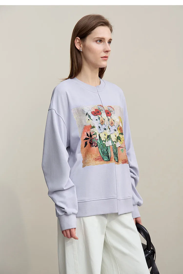 Amii Woman Sweatshirts 2026 Autumn New Splicing Printing Drop Shoulder Sweater Women's Loose O-Neck Cotton Knitted Top 12621087