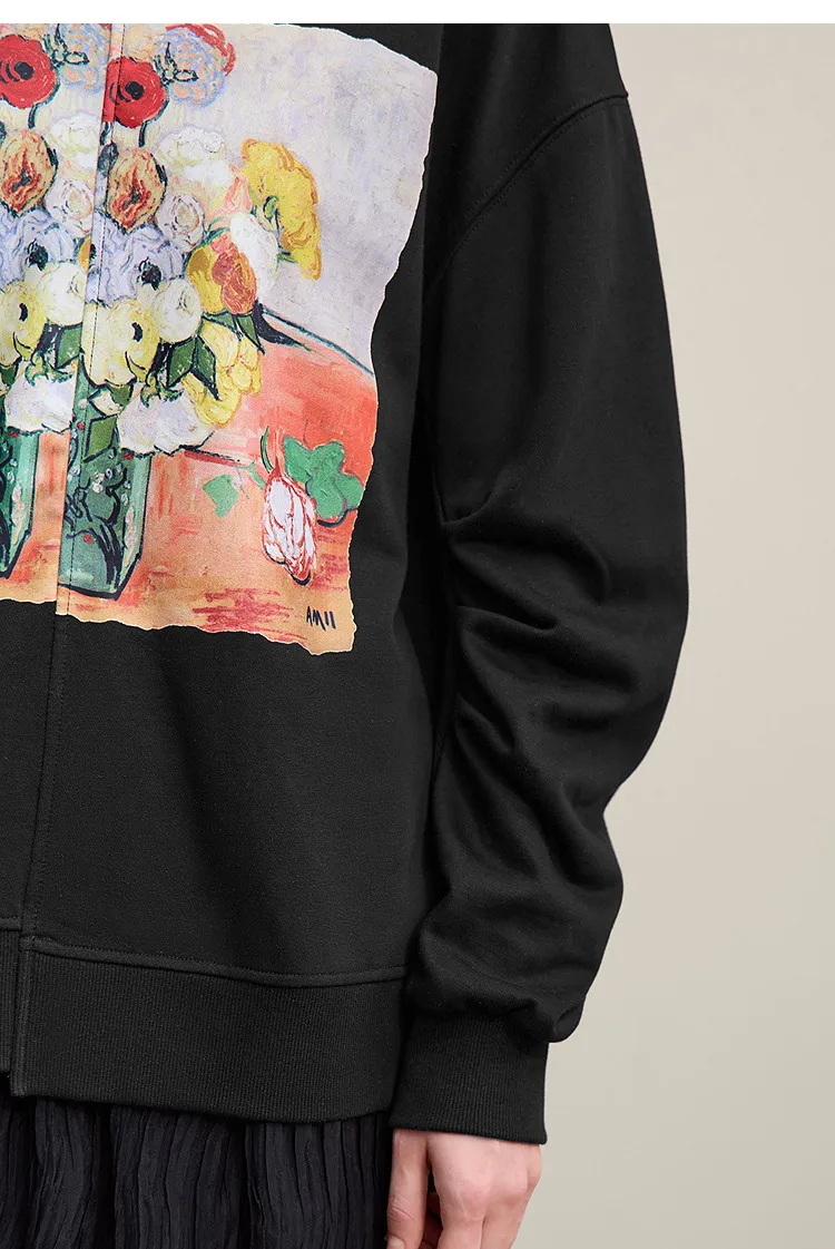 Amii Woman Sweatshirts 2026 Autumn New Splicing Printing Drop Shoulder Sweater Women's Loose O-Neck Cotton Knitted Top 12621087