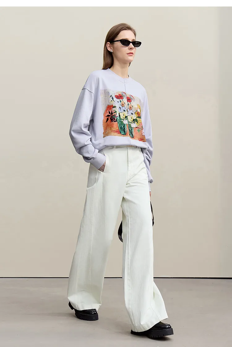 Amii Woman Sweatshirts 2026 Autumn New Splicing Printing Drop Shoulder Sweater Women's Loose O-Neck Cotton Knitted Top 12621087