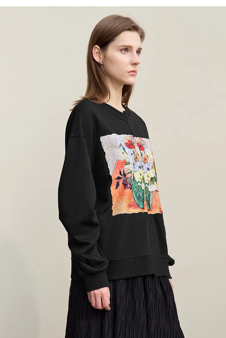 Amii Woman Sweatshirts 2026 Autumn New Splicing Printing Drop Shoulder Sweater Women's Loose O-Neck Cotton Knitted Top 12621087