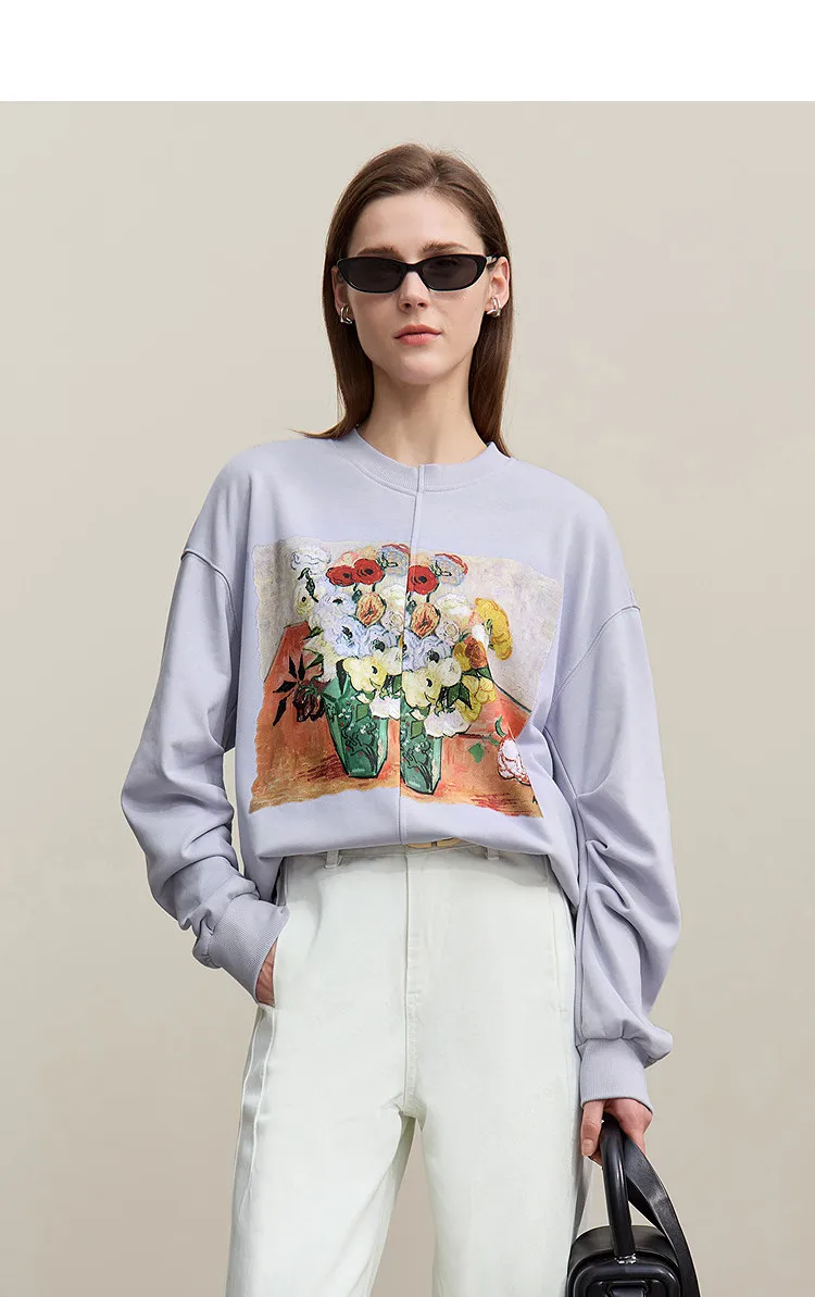 Amii Woman Sweatshirts 2026 Autumn New Splicing Printing Drop Shoulder Sweater Women's Loose O-Neck Cotton Knitted Top 12621087