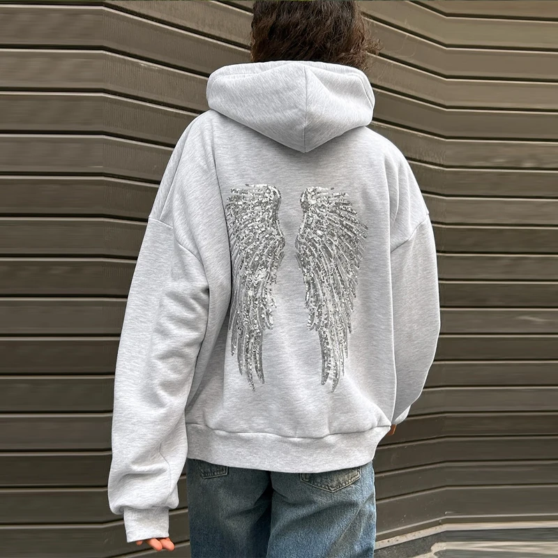 Women's Shinny Sequin Angel Wings Hooded Jacket Pant Long Sleeve Loose Casual Hooded Pullover 2025 New Lady Y2K Autumn Outwears