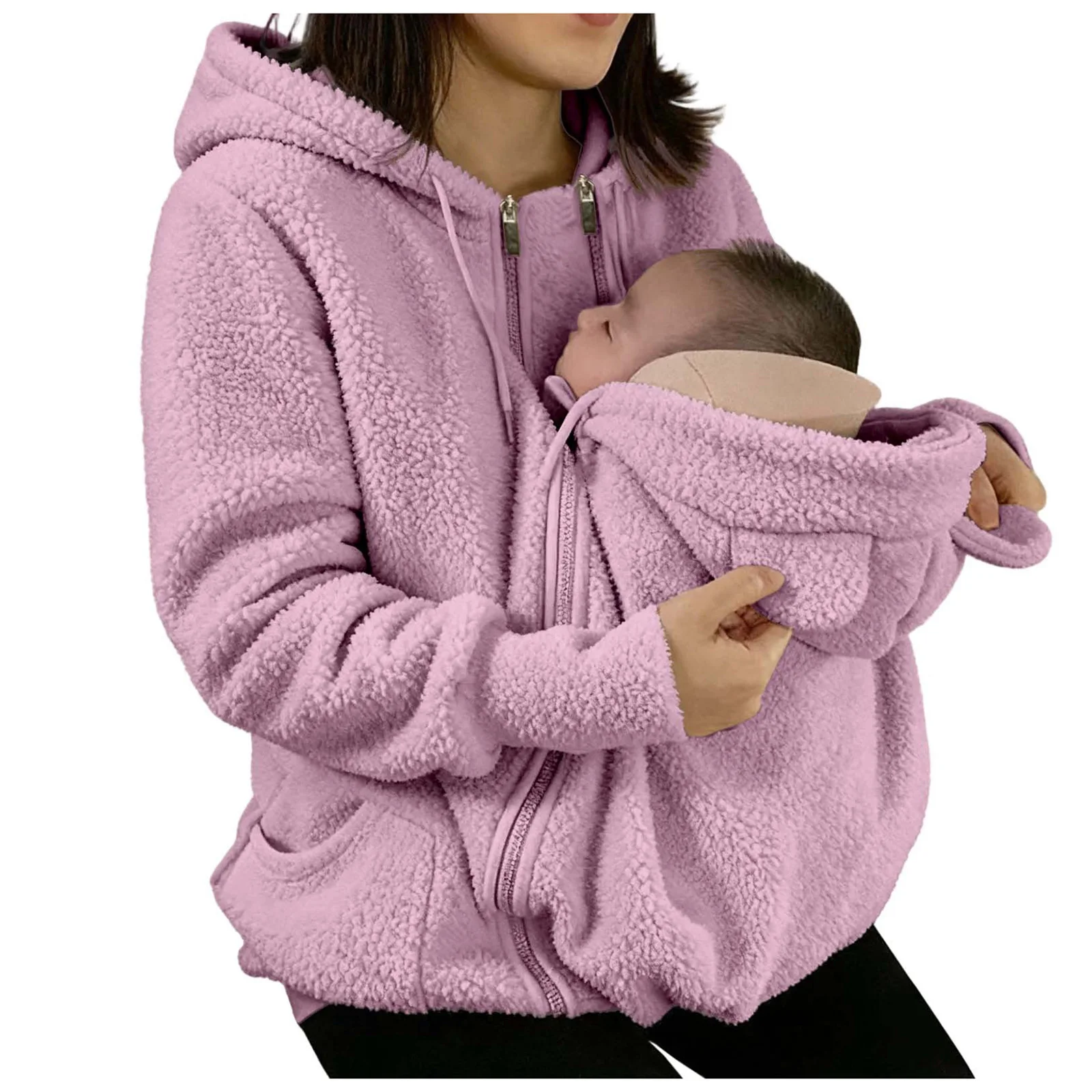Women's Fleece Zipper 2 In 1 Baby Wear Jacket Maternity Winter Sweatshirt Top Solid Hooded Fleece Hoodie Mom'S Winter Sweatshirt