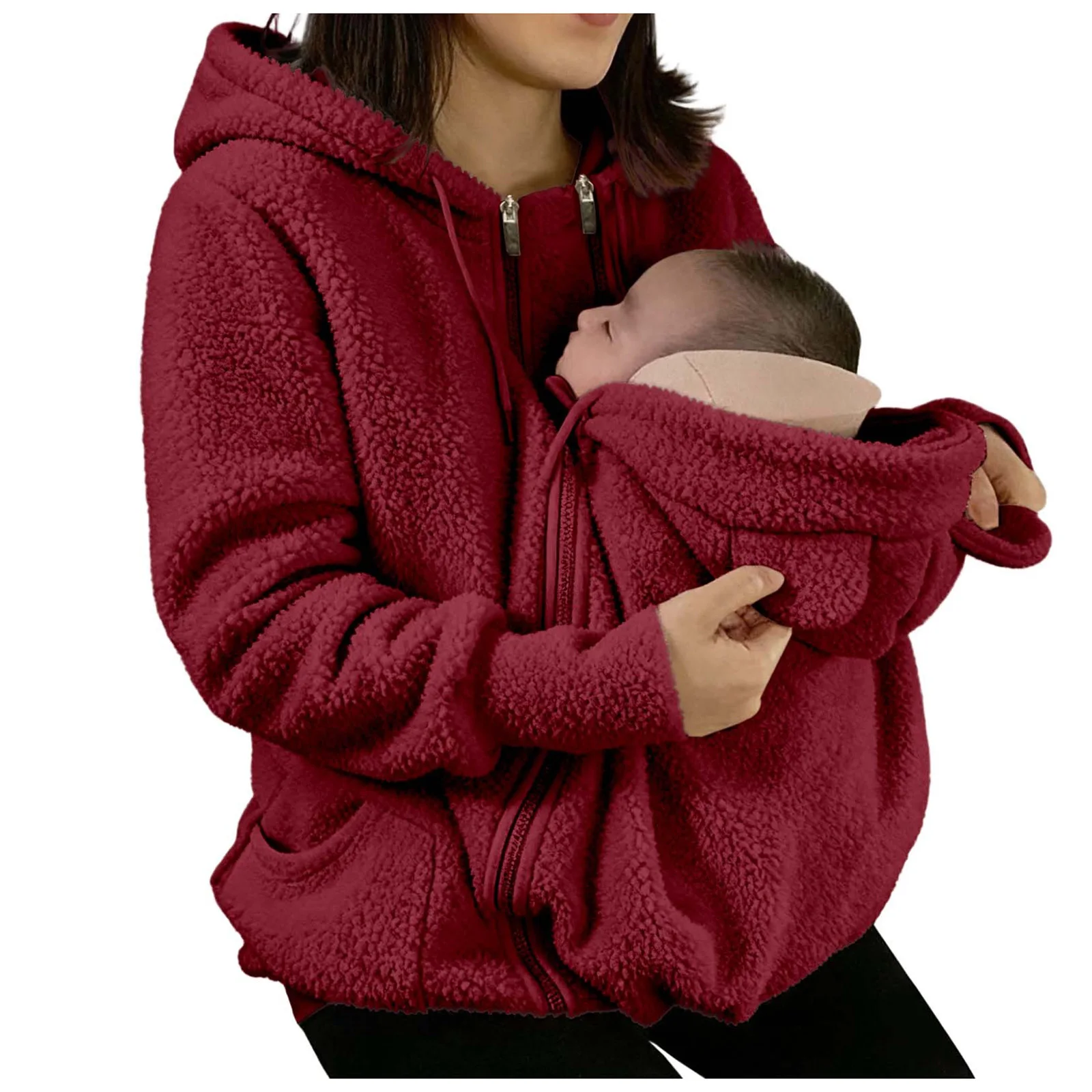 Women's Fleece Zipper 2 In 1 Baby Wear Jacket Maternity Winter Sweatshirt Top Solid Hooded Fleece Hoodie Mom'S Winter Sweatshirt