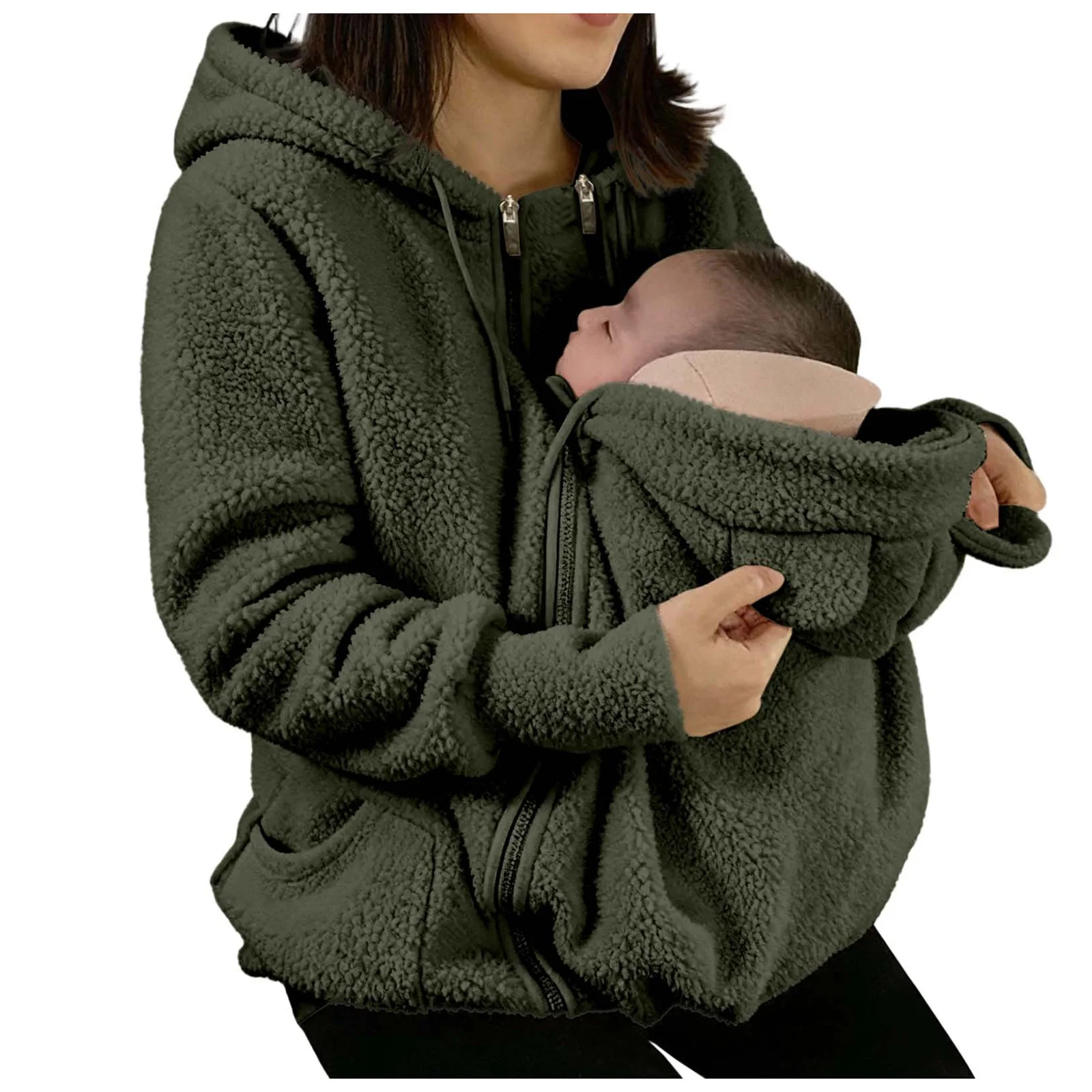 Women's Fleece Zipper 2 In 1 Baby Wear Jacket Maternity Winter Sweatshirt Top Solid Hooded Fleece Hoodie Mom'S Winter Sweatshirt
