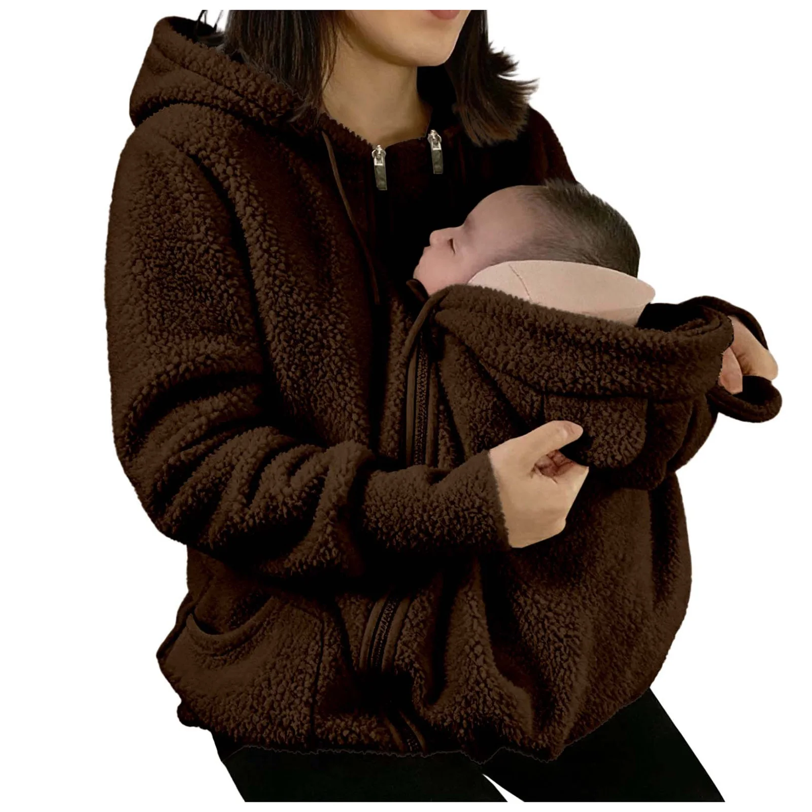 Women's Fleece Zipper 2 In 1 Baby Wear Jacket Maternity Winter Sweatshirt Top Solid Hooded Fleece Hoodie Mom'S Winter Sweatshirt