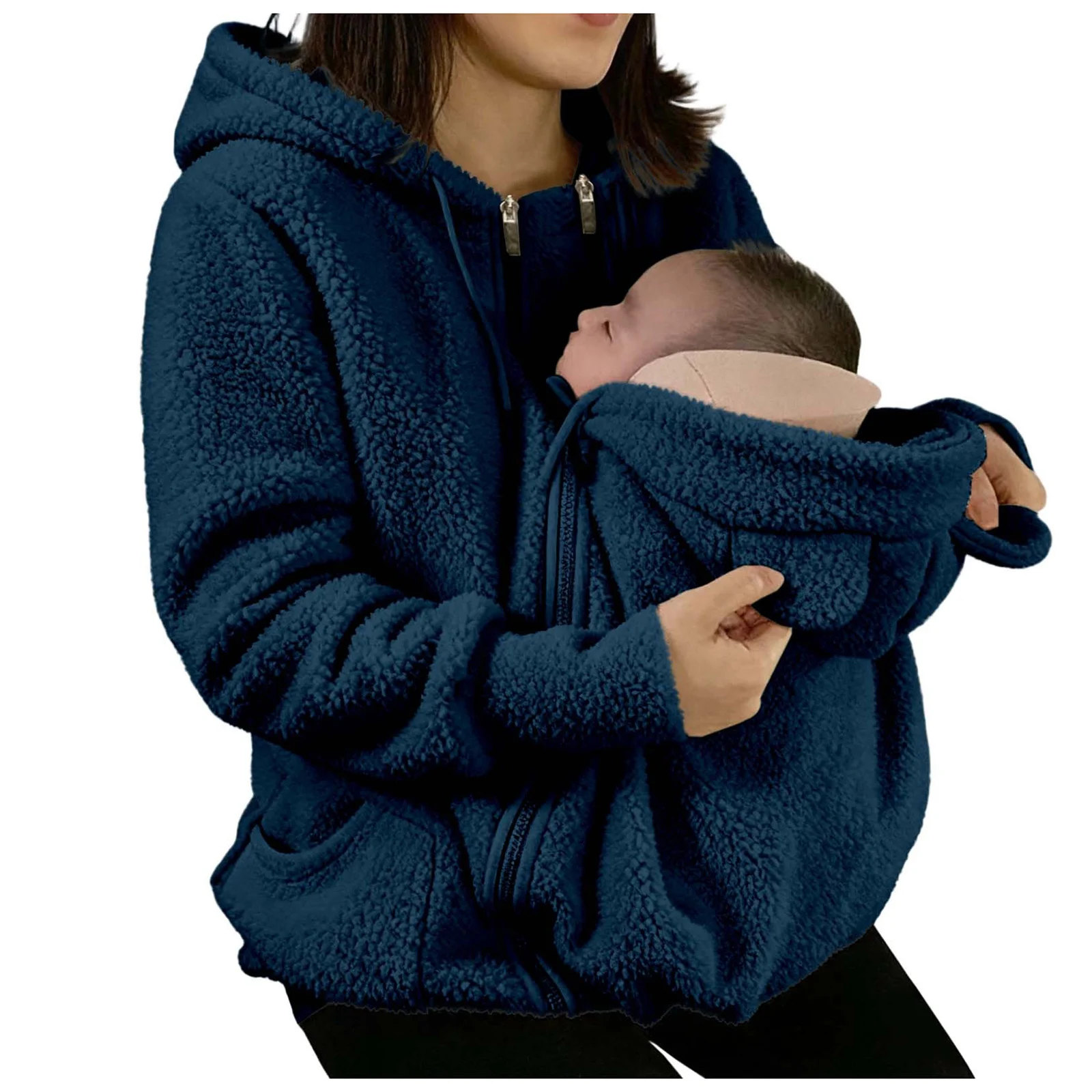 Women's Fleece Zipper 2 In 1 Baby Wear Jacket Maternity Winter Sweatshirt Top Solid Hooded Fleece Hoodie Mom'S Winter Sweatshirt