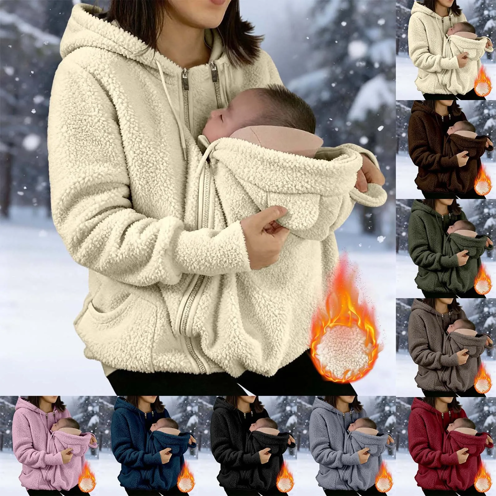 Women's Fleece Zipper 2 In 1 Baby Wear Jacket Maternity Winter Sweatshirt Top Solid Hooded Fleece Hoodie Mom'S Winter Sweatshirt