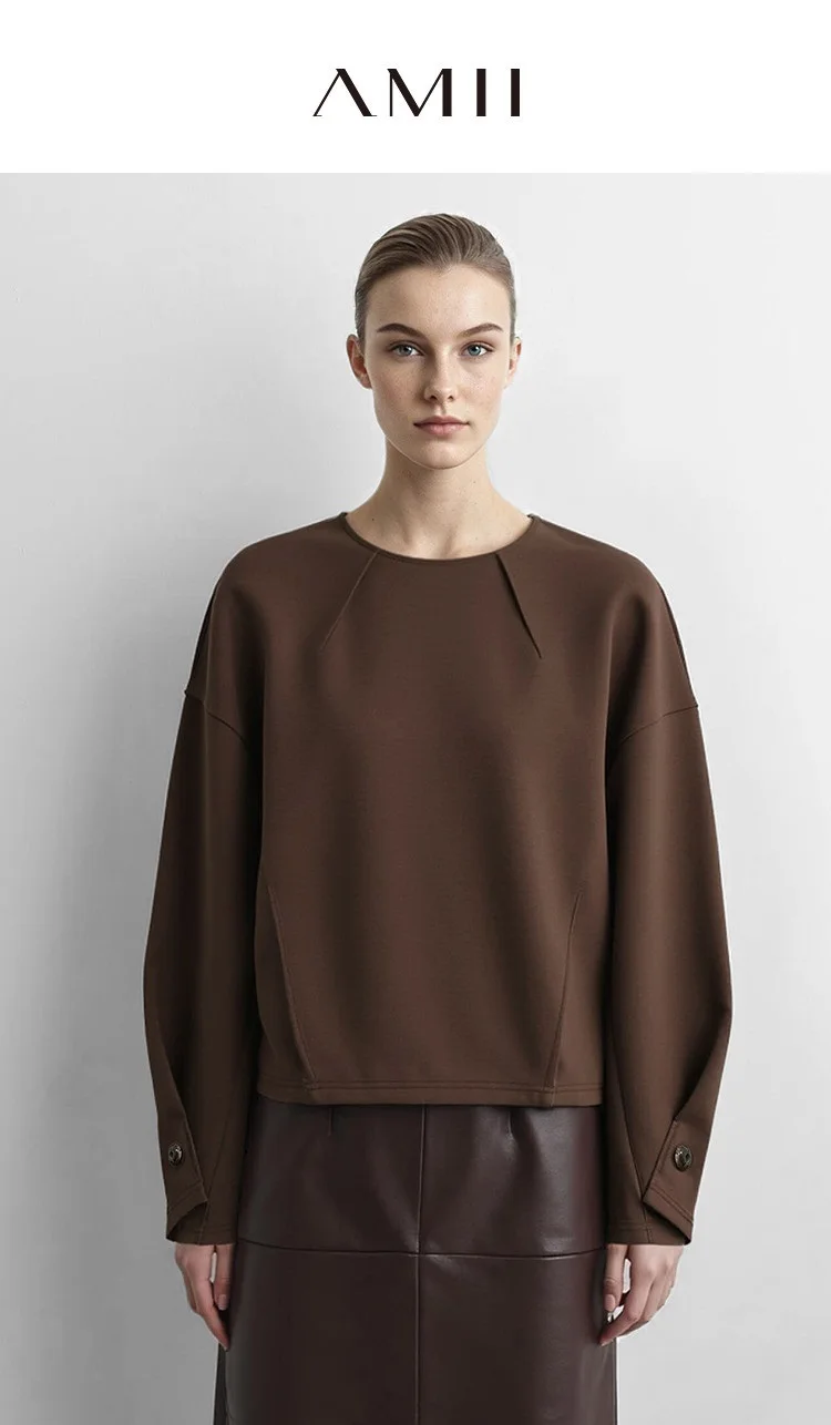 Amii Women Sweatshirts Round Neck Drop Shoulder Long Sleeve Zipper Cotton 2026 Autumn Office Oversized Tops For Woman 12643038