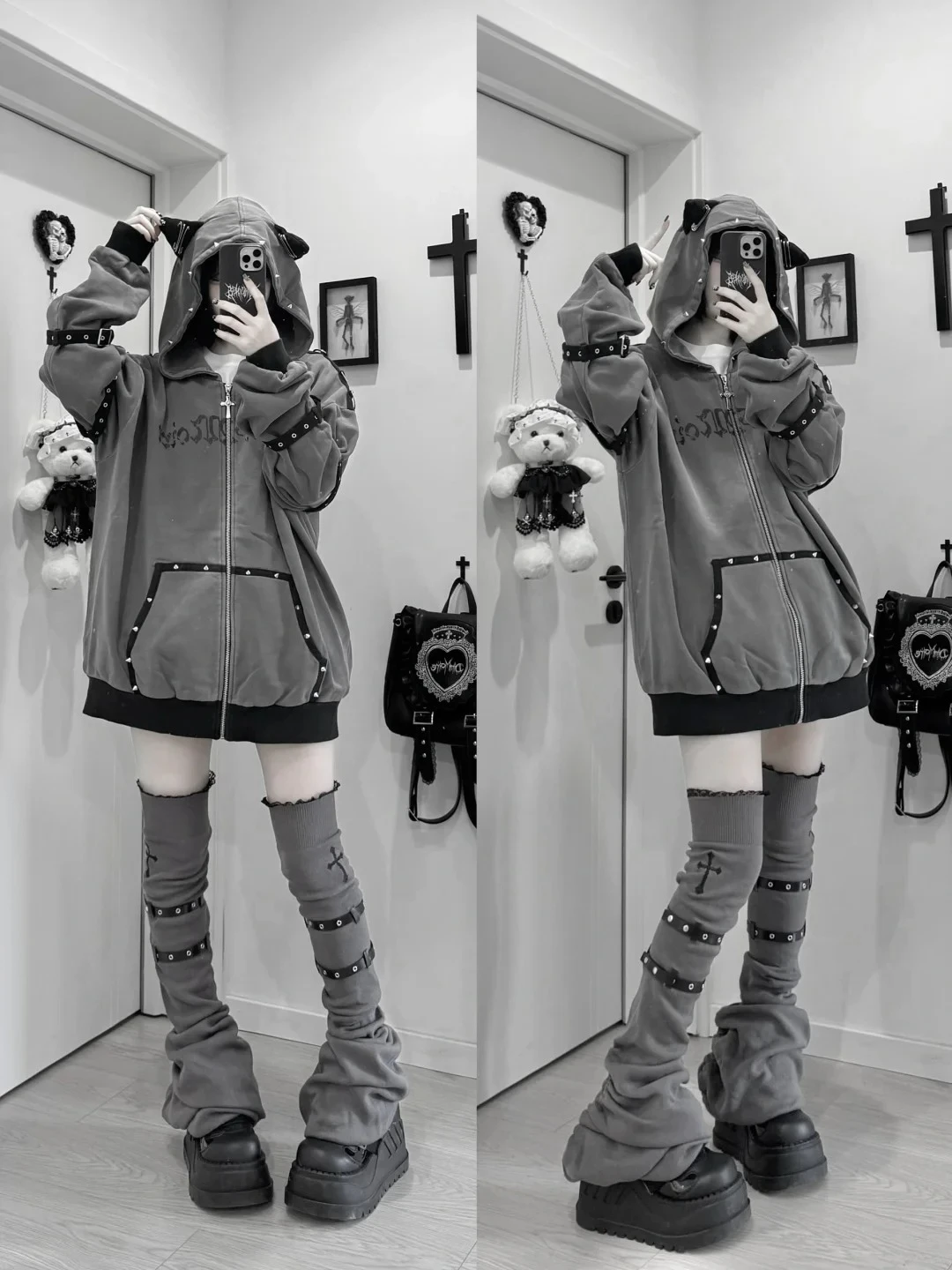 Black Cat Ear Zip Up Hoodie Japanese Subculture Women Devil Pinstripe Heart Print Oversized Metal Buckle Punk Streetwear Outfit