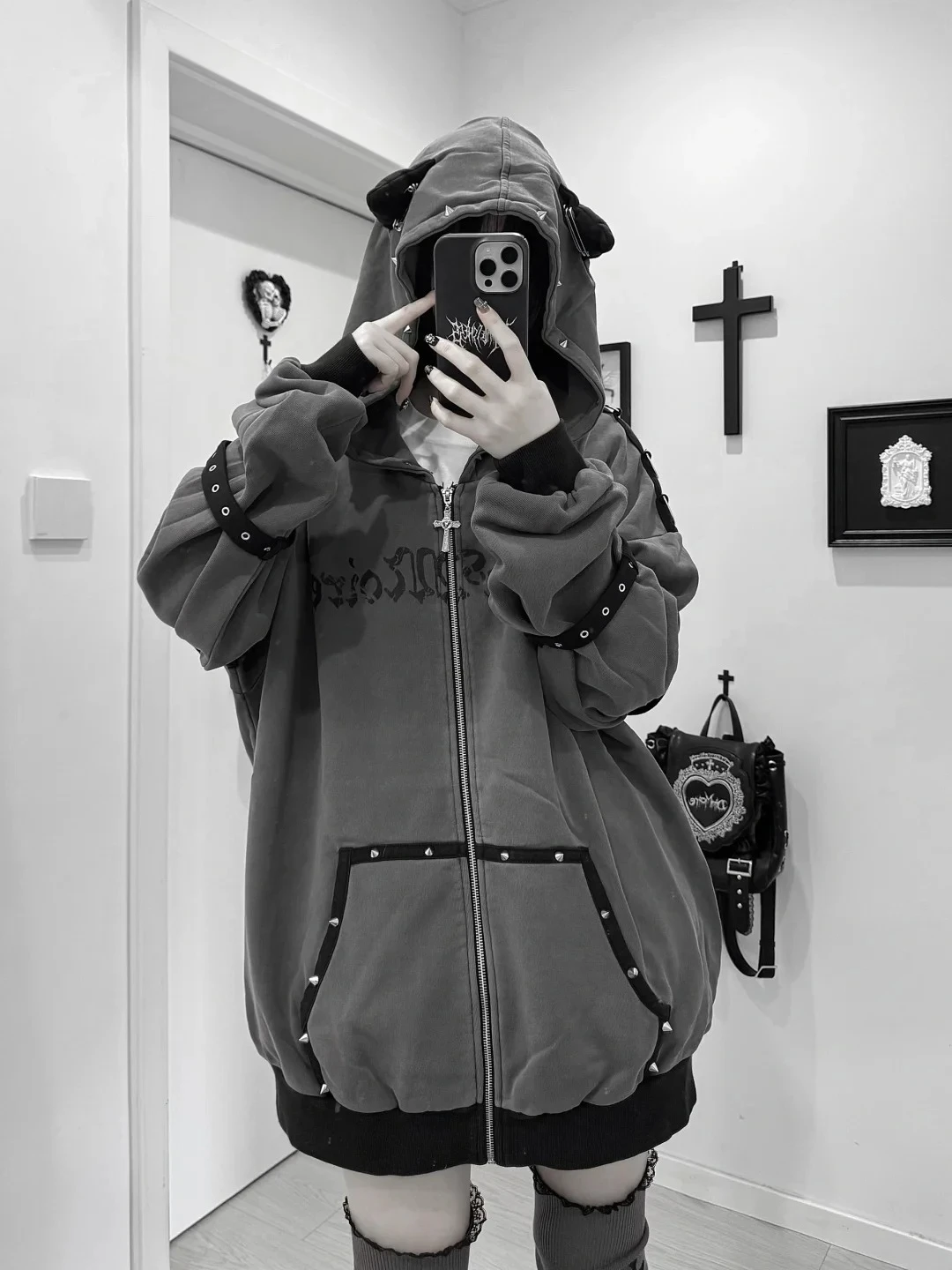 Black Cat Ear Zip Up Hoodie Japanese Subculture Women Devil Pinstripe Heart Print Oversized Metal Buckle Punk Streetwear Outfit