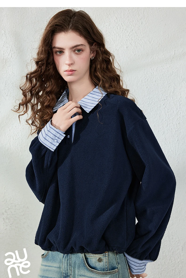 TOYOUTH Women Sweatshirt 2026 Autumn New Polar Fleece Warm Stripe Lapel Faux Two‑Piece Loose Vintage Top