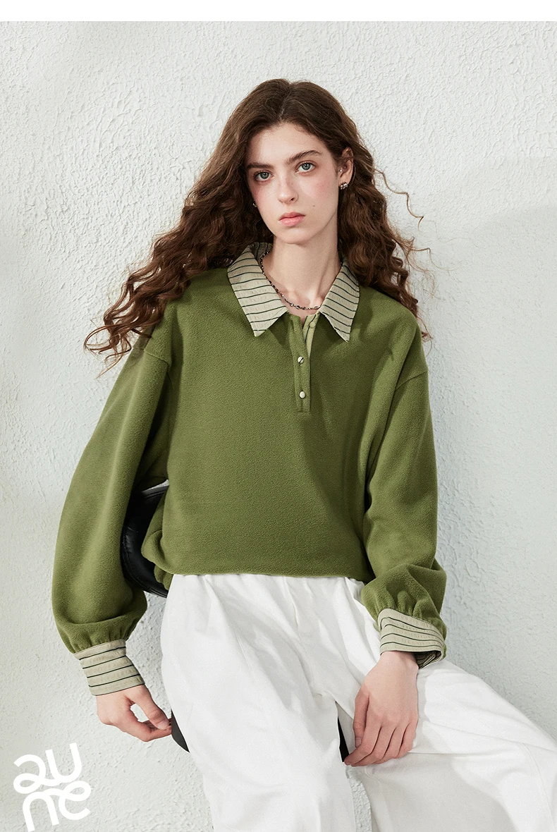 TOYOUTH Women Sweatshirt 2026 Autumn New Polar Fleece Warm Stripe Lapel Faux Two‑Piece Loose Vintage Top